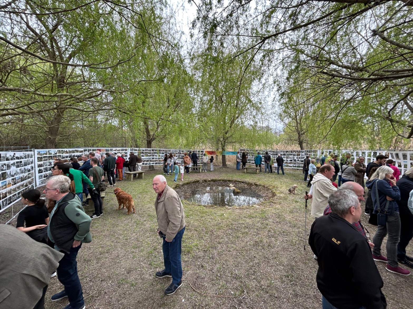 Zahlreiche Besucher:innen schauen sich eine Outdoor-Fotoausstellung an, die kreisförmig zwischen Weidenbäume aufgestellt ist.
